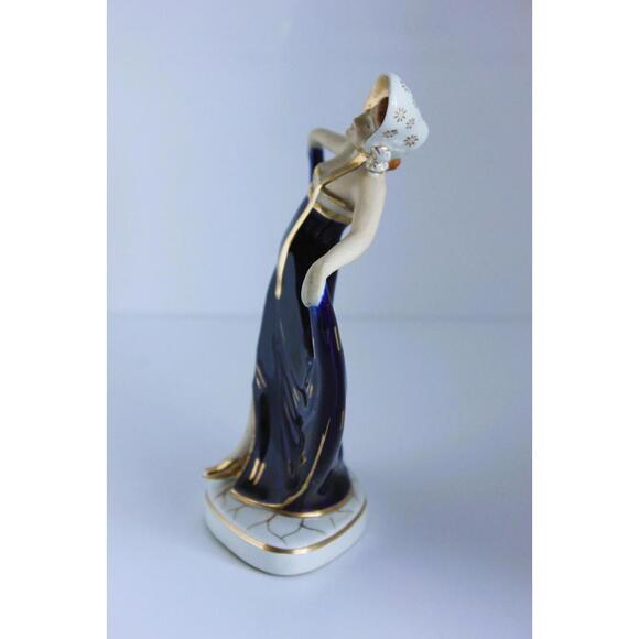 Art Deco Moriyama Dancing Lady Figure Bonnet Cobalt Blue Porcelain Hinode Japan - Picture 5 of 15